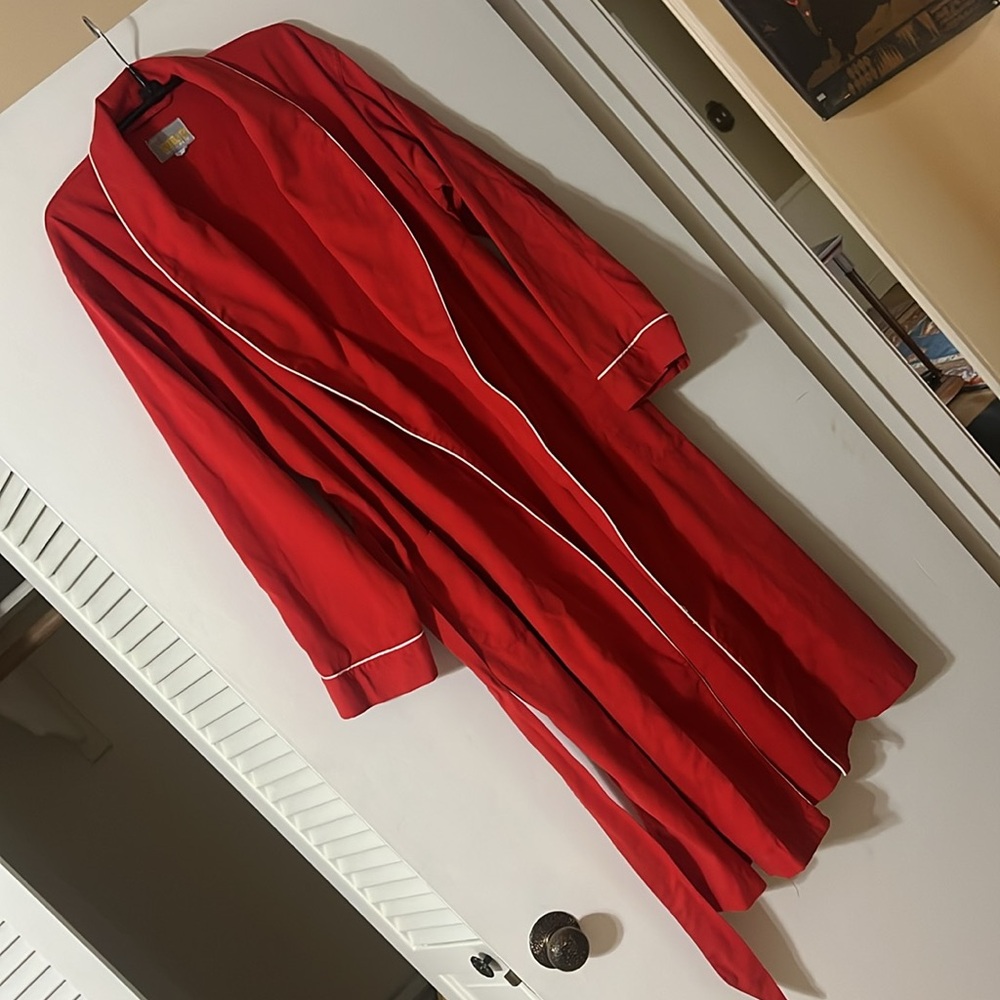 80s never worn Vintage, Ribbed Red Robe, 100% COTTON! White Piping. UNISEX OS